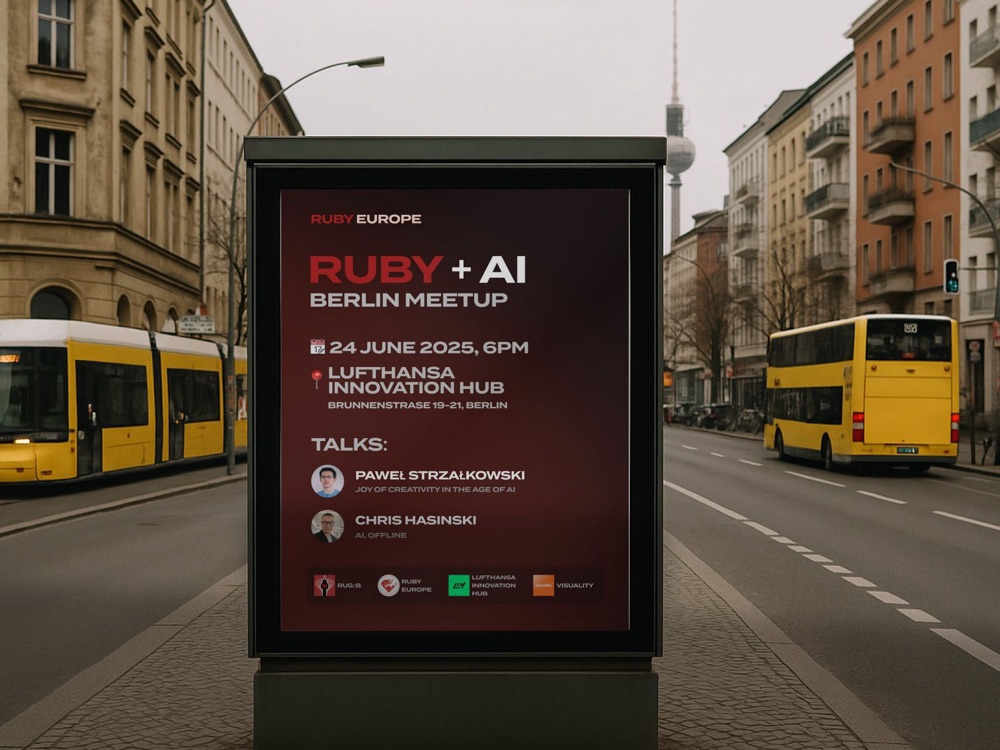 Ruby + AI Berlin meetup poster: 24 June 2025, Lufthansa Innovation Hub, talks by Paweł Strzałkowski and Chris Hasinski