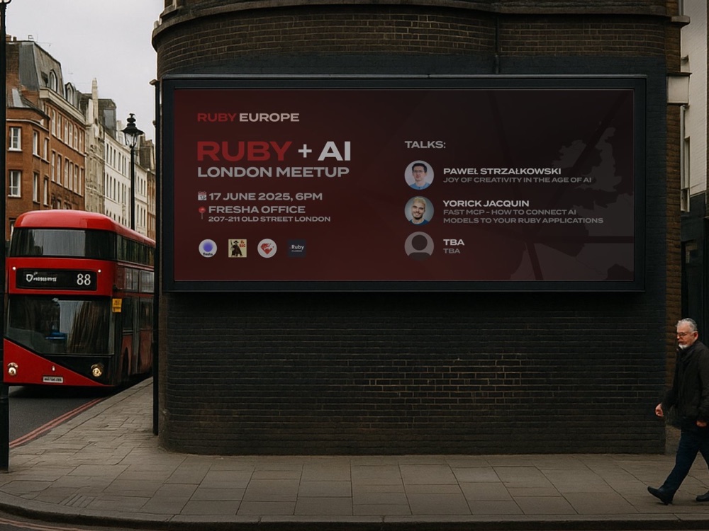 Ruby + AI London meetup poster: 17 June 2025, Fresha office, talks by Paweł Strzałkowski and Yorick Jacquin