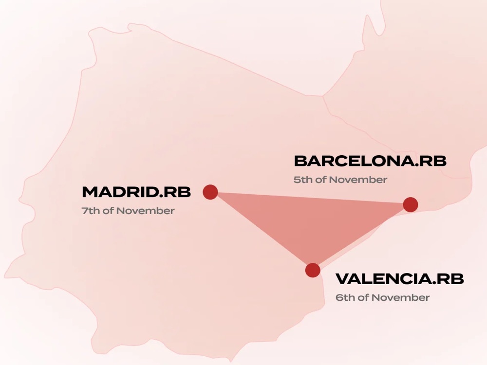 Spain Triangle map: Barcelona.rb on 5 November, Valencia.rb on 6 November, Madrid.rb on 7 November